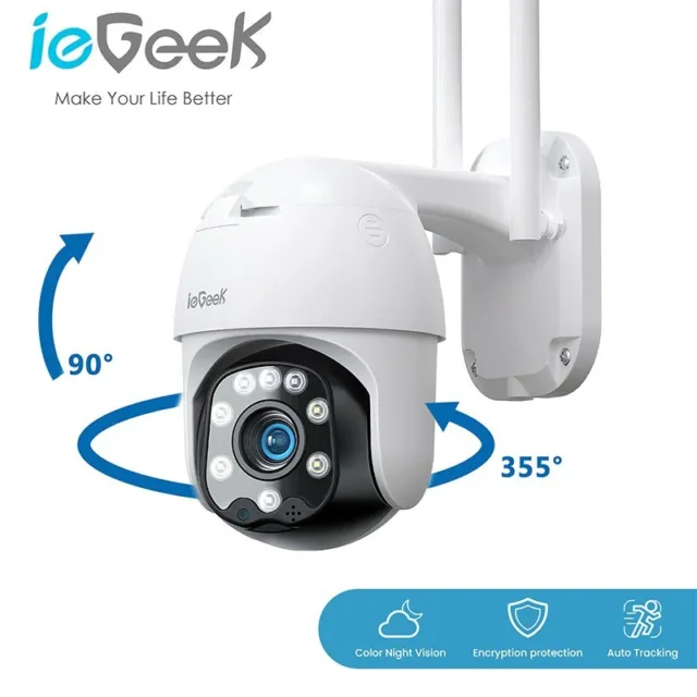 ieGeek Outdoor 360° Auto Tracking PTZ Security Camera Wireless WiFi Home CCTV UK