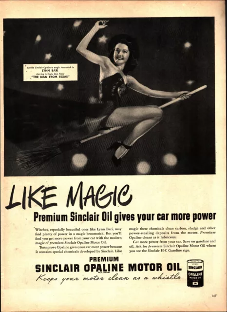 1947 SINCLAIR MOTOR OIL Sexy Woman Rides Broomstick Witch vintage art print ad