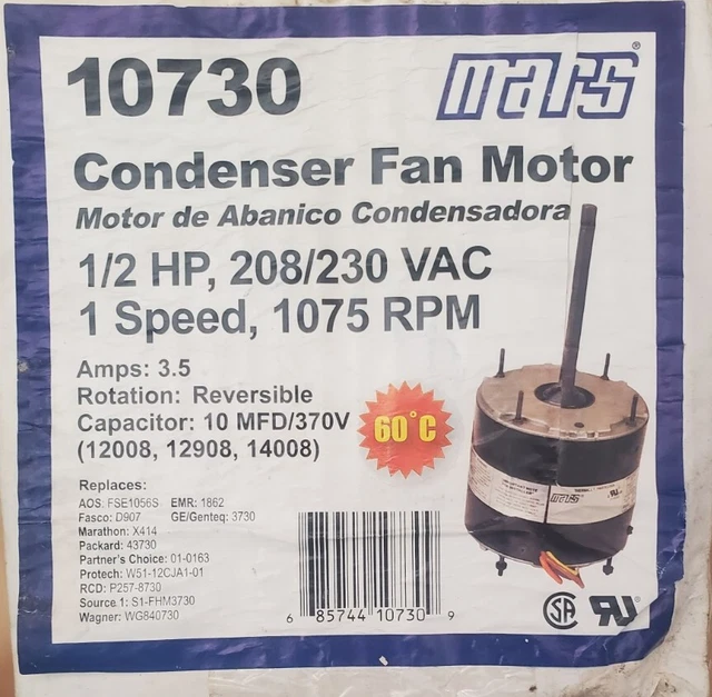 Mars Condenser Fan Motor 10730 1/2 HP 208/230VAC 1 Speed 1075 RPM