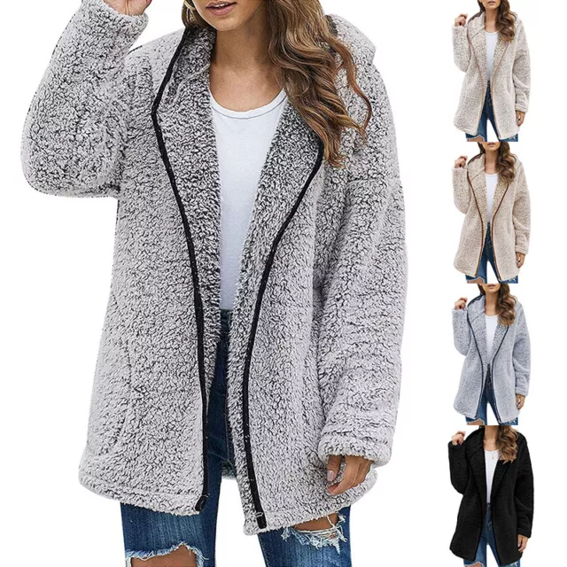 Womens Winter Warm Teddy Bear Zip Up Coat Ladies Fleece Fluffy Hooded Jacket Top