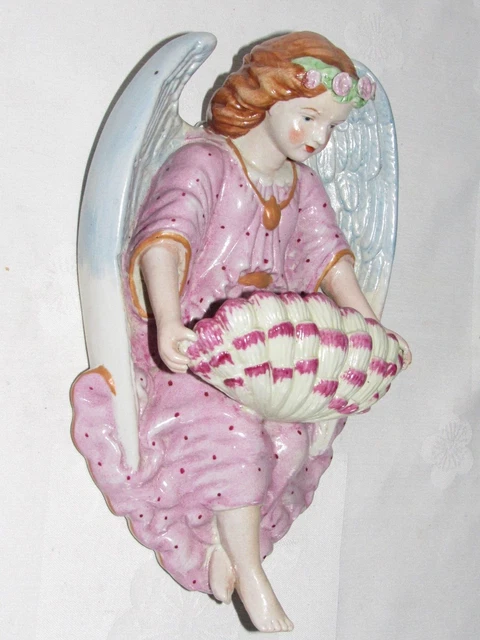 07J3 Antique Large Benitier Angel Guardian Biscuit Polychrome Deb Xx Century 3