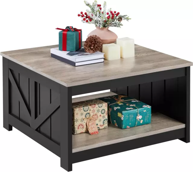 Farmhouse Coffee Table,Square Wood Coffee Table with Storage for Living Room