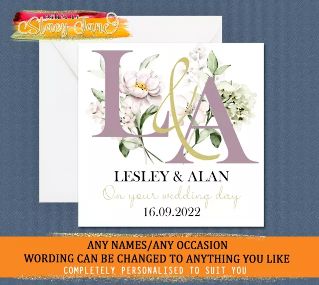Personalised Wedding Day Card Bride Groom Congratulations Initials Flowers