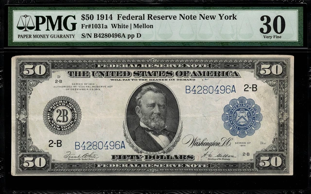 1914 $50 Federal Reserve Note - New York - FR-1031a - PMG 30 - Very Fine 1914 $50 Federal Reserve Note - New York - FR-1031a - PMG 30 - Very Fine