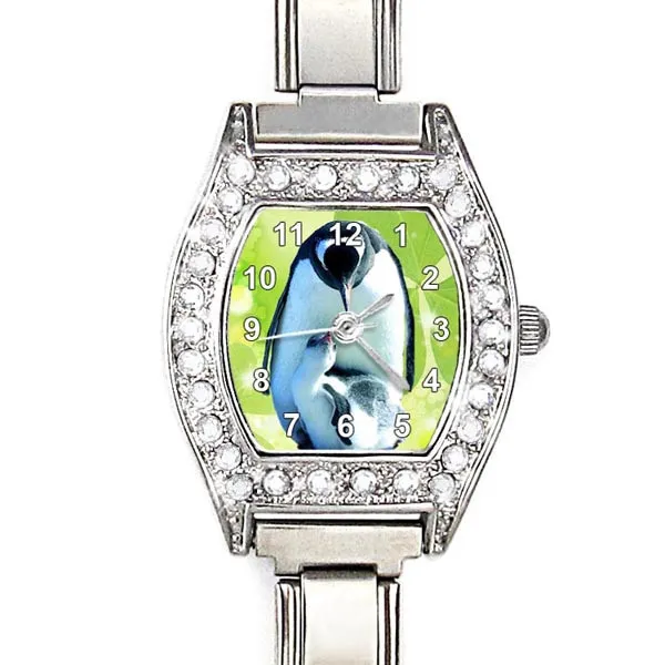 Penguin Mother & Son CZ Womens Shiny Italian Charms Bracelet Wrist Watch BJ1168