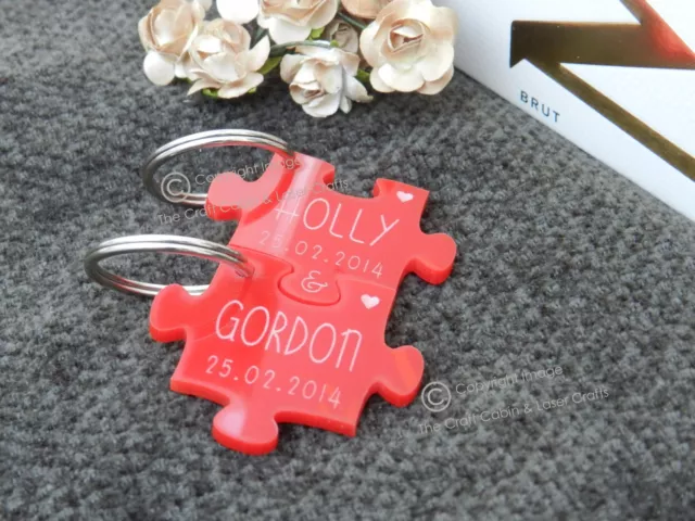 Personalised Red Jigsaw Puzzle Acrylic Keyrings, Wedding, Valentines,