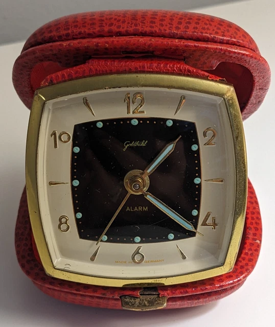 VINTAGE GERMAN GOLDBUHL Mechanical Travel Alarm Clock In Red Leather