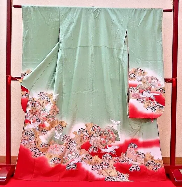 Japanese Kimono “Furisode” Pure Silk/crane/Cherry blossoms/chrysanthemum/Maple