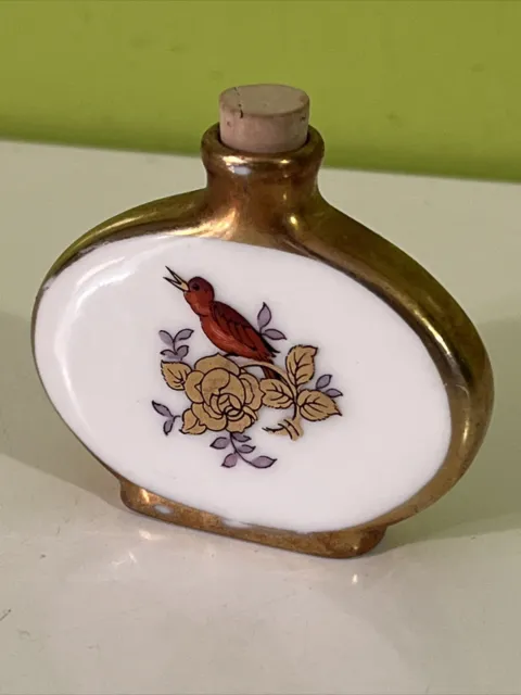 Antique German Porcelain Perfume Bottle Hand Painted w/Bird Flowers Miniature 2”