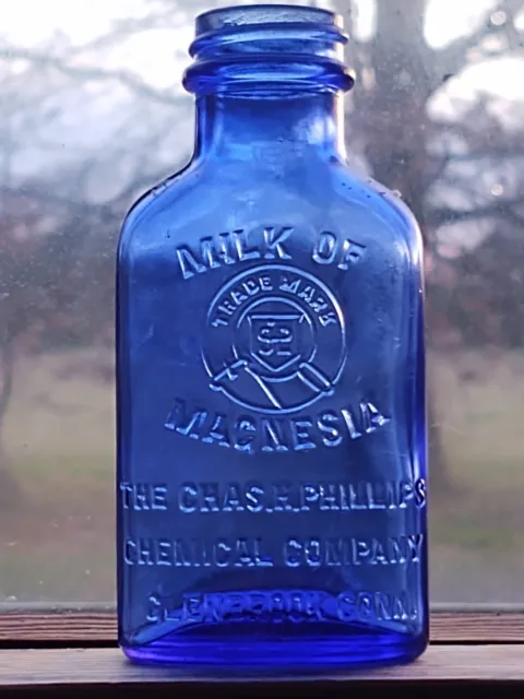 Vintage Milk of Magnesia Chas H Phillips Chemical Co 1930s Blue Glass Bottle