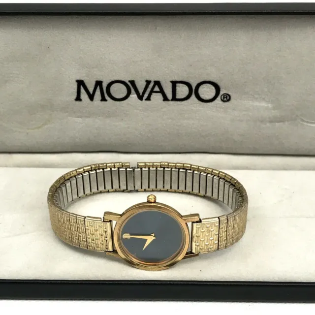 Vintage Movado Museum Womens Wrist Watch 87-25-832, Dark Blue Dial; Golden Case