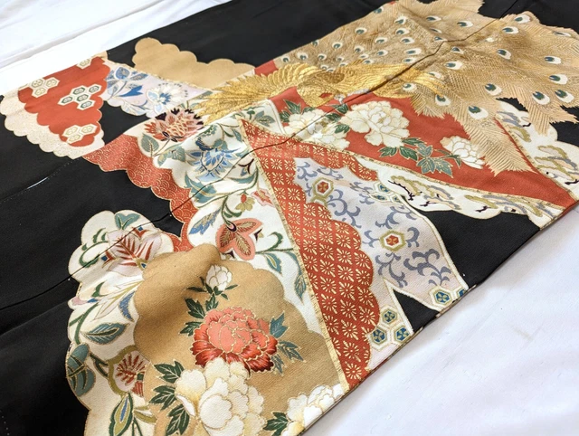 Japanese Kimono Tomesode Antique Silk Fabric Black Floral Peacock Kimono only 14