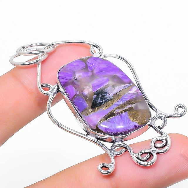 Charoite Gemstone 925 Sterling Silver Jewelry Pendant 2.56" Easter Y396