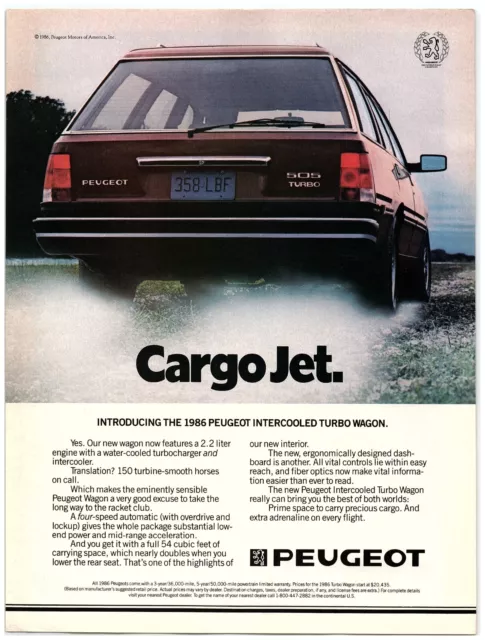 1986 Peugeot 505 Intercooled Turbo Wagon Print Ad, Cargo Jet Back End Trunk Car