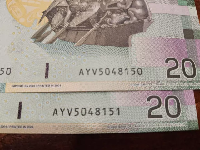 2004 Canadian $20 banknotes consecutive serial #'s AYX5048150/151 MS60+