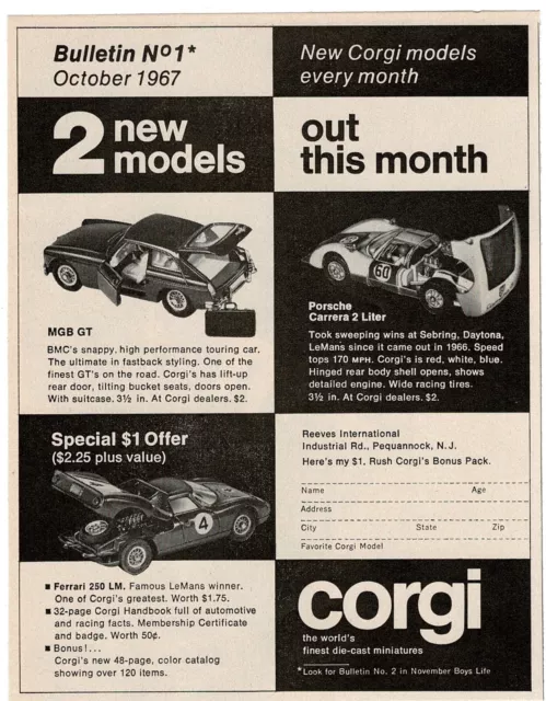 1967 CORGI Diecast cars Bulletin No. 1 MGB GT Porsche Carrera Vintage Print Ad