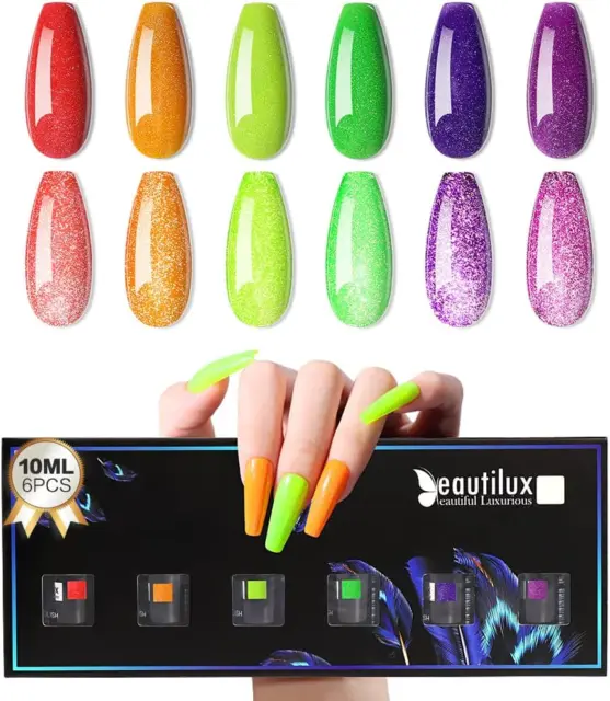 Beautilux Vernis Semi Permanent Reflechissante Fluo, 6 Couleurs 10Ml Néon Paille