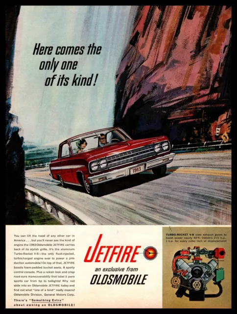 1963 Oldsmobile Jetfire Turbo-Rocket 215 cu. V-8 Engine 215 Horsepower Print Ad