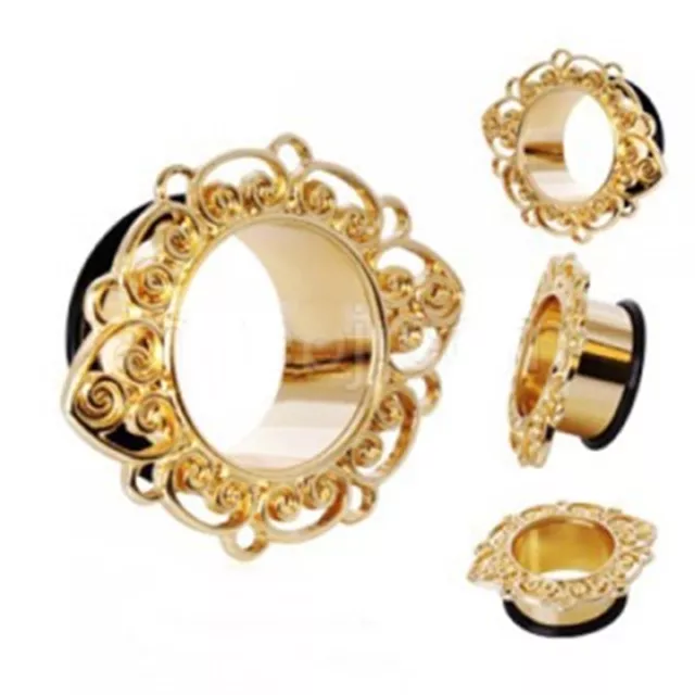 PAIR-Gold Plate Ornate Single Flare Ear Tunnels 10mm/00 Gauge Body Jewelry