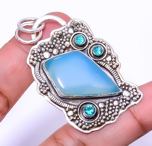 Chalcedony - Brazil & Blue Topaz Gemstone 925 Sterling Silver Pendant 1.95" A310