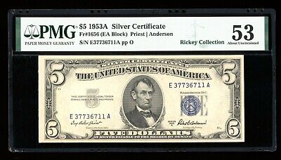 DBR 1953-A $5 Silver Fr. 1656 EA Block PMG 53 Serial E37736711A