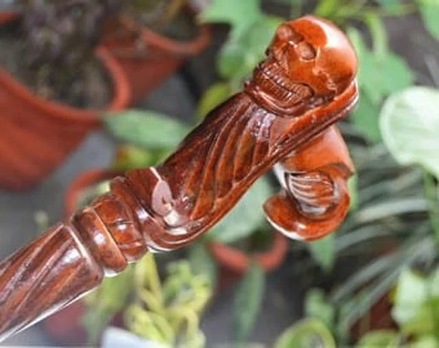 HighEnd Skull Cane Wooden Walking Stick - Ergonomic Palm Grip Handle Wood Carved