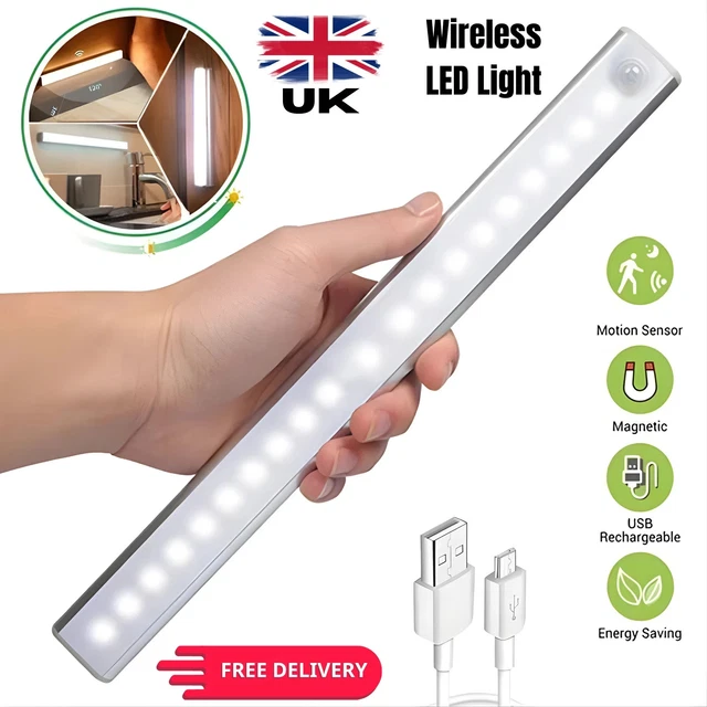LED PIR MOTION Sensor Strip Light USB Rechargeable Magnetic Cabinet ...