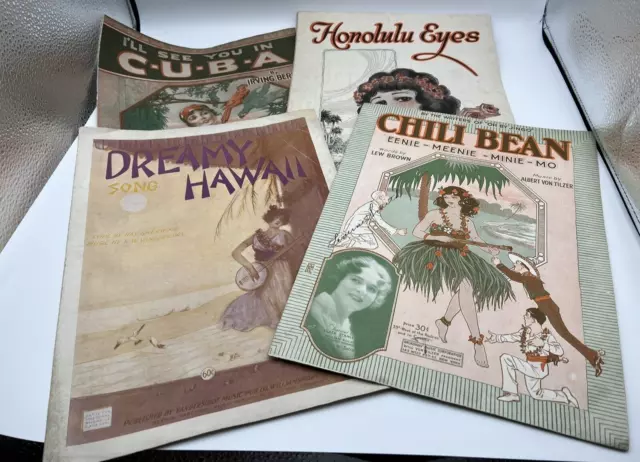 Antique 20's Sheet Music Hawaii Cuba Island Art Covers Deco (4pc) Beach Coast