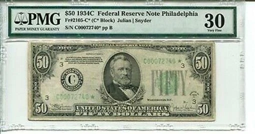 FR 2105-C* STAR 1934C $50 Federal Reserve Note PMG 30 VERY FINE