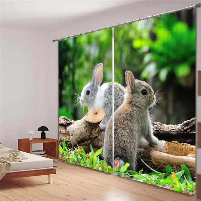 Two Grey Cute Rabbits 3D Blockout Photo Printing Curtains Draps Fabric Window