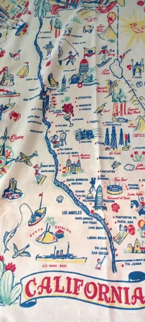 Vintage 1950’s Souvenir Tablecloth California State Map Pre Disney