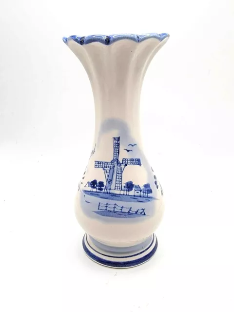 Holland Blue Hand Painted 6" Tall Vase W Windmill Floral Flower Scene Delft Blue