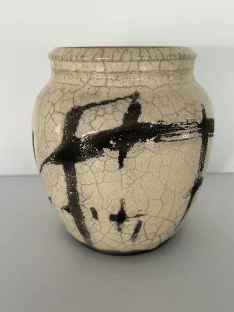 White Crackle Glazed Studio Pottery Clay Raku Vase Planter Signed Raus