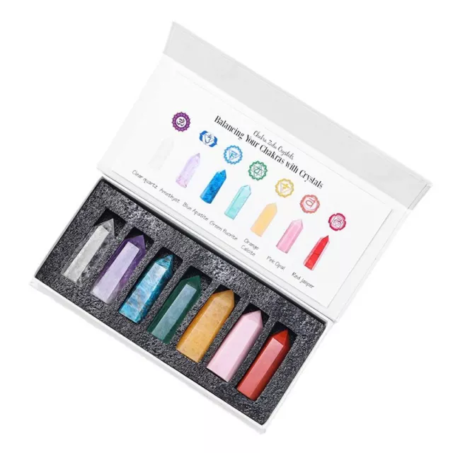 Natural 7 Chakra Healing Crystal Point Wand Quartz Mineral Rock Stone Reiki +Box