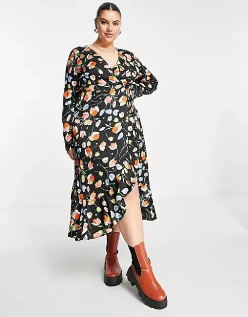 ASOS Liquorish Dress Black Floral Wrap Midi Long Sleeve Frill Hem Casual Office