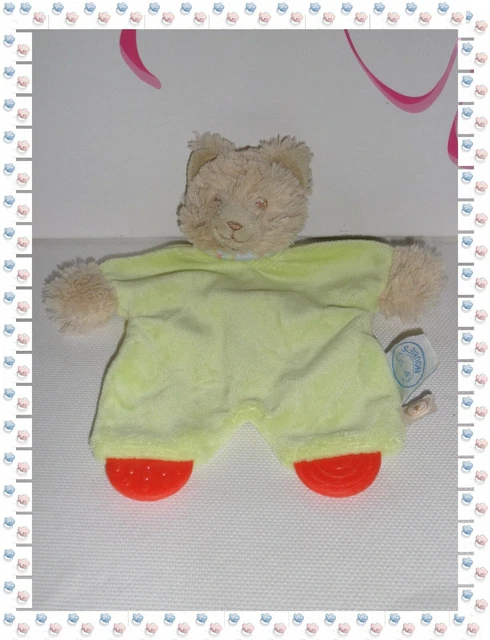 ❣ - Doudou Plat Chat Fidji Vert Anneaux de Dentition Grelot  Noukies Noukie's