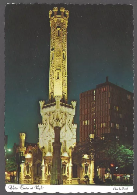 WATER TOWER AT NIGHT Postcard Landmark Michigan & Chicago Avenues