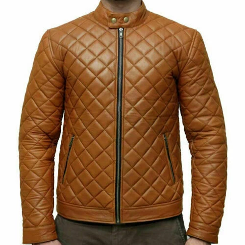 Men's Genuine Lambskin Leather Padded Quilted Slim Fit Biker Brown Coat Jacket