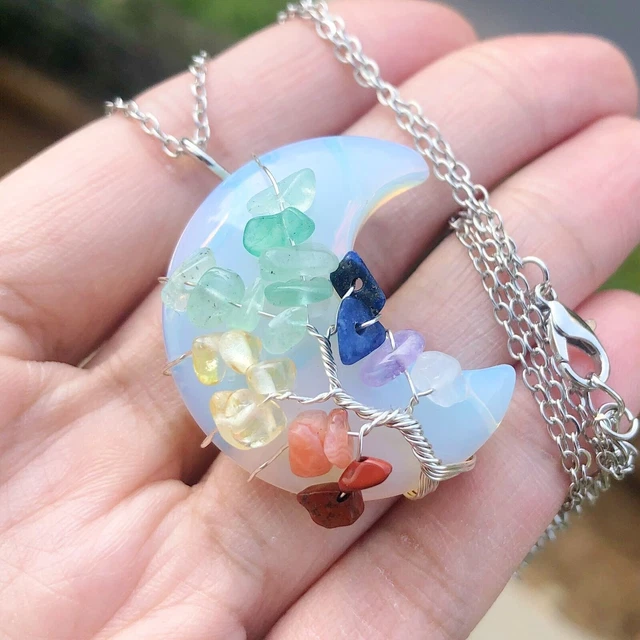 7 Stone Tree of Life Healing Moon Amulet Silver Pendant Necklace Free Gift Bag