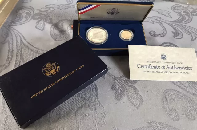 1987 US Mint Constitution Proof  Set: 1 Silver Dollar & 1 Gold Five Dollar, COA