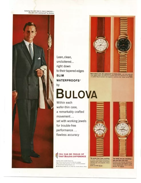 1959 Bulova Men's Slim Waterproof Watches Vintage Print Ad
