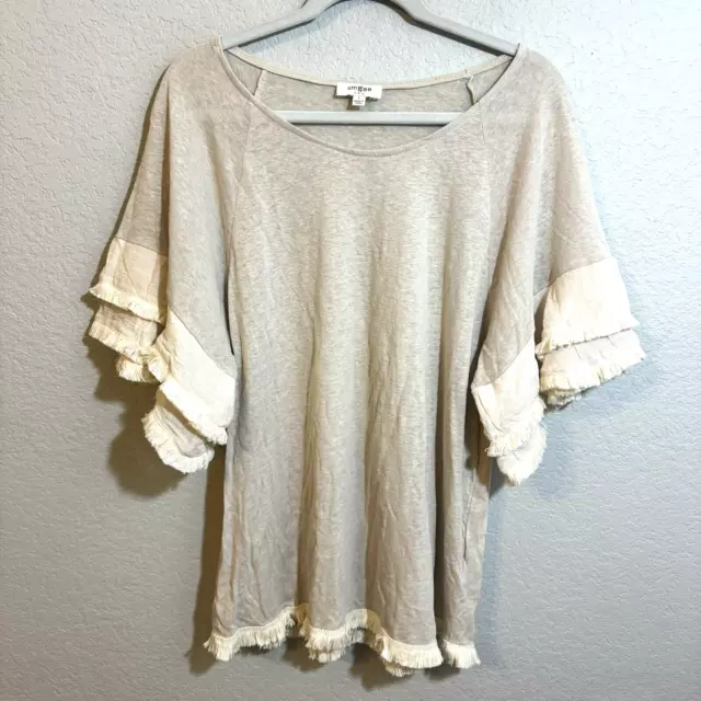 Umgee Boho Top Women's Size L Ivory Fringe Trim Linen Blend Tunic Short Sleeve