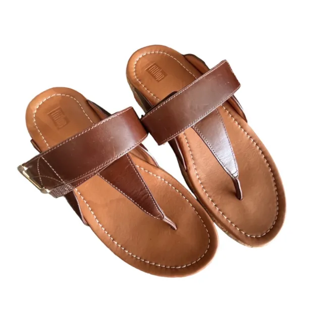 Fitflop Brown Leather Thong Flip Flop Wedge Sandals Women's Sz 9