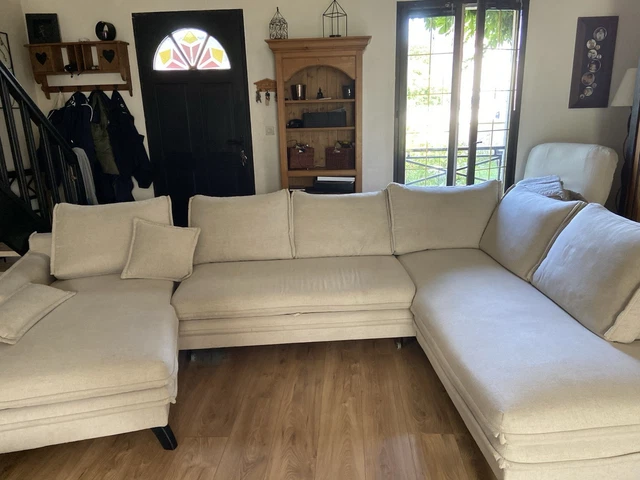 Canapé d'angle réversible 4 places convertible avec coffre en velours côtelé Lena beige