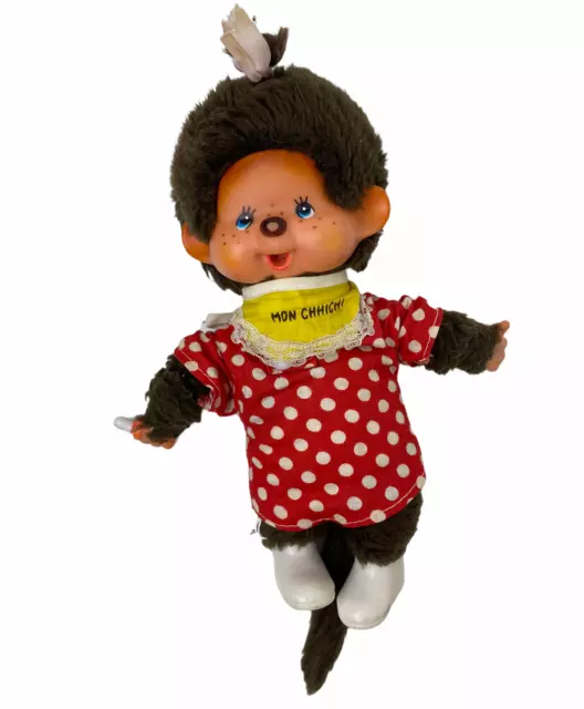 Monchhichi Sekiguchi Vintage Plüsch Tier ca. 21cm liegend Schuhe Lätzchen Affe