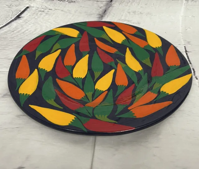 VTG Terra Cotta Pepper Platter Painted Multi Colored Wall Art Plate 12"