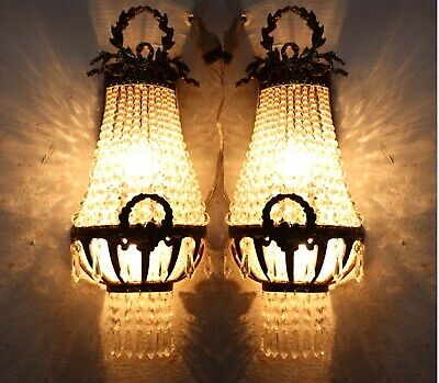 Handmade Rustic Pair Bow Garland Crystal Beads Bronze Ornate Wall Sconces Lights