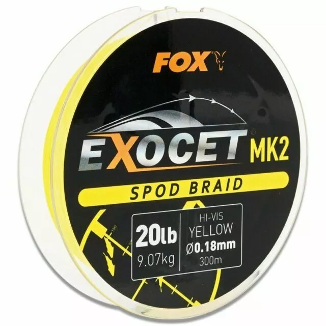 Fox Exocet Mk2 Hi Vis Spod Braid 20lb 300 Metres NEW Carp Fishing Braid