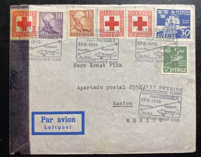 1945 Stockholm Sweden First Flight Airmail cover FFC To Mexico City Mexico