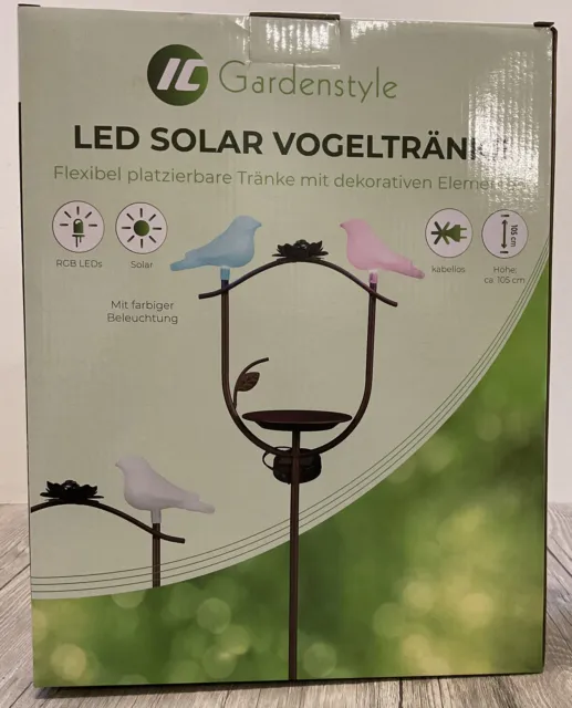 Garten Solar Vogeltränke STECKER Vogel Tränke Metall Vogelpaar LED BUNT (R2m